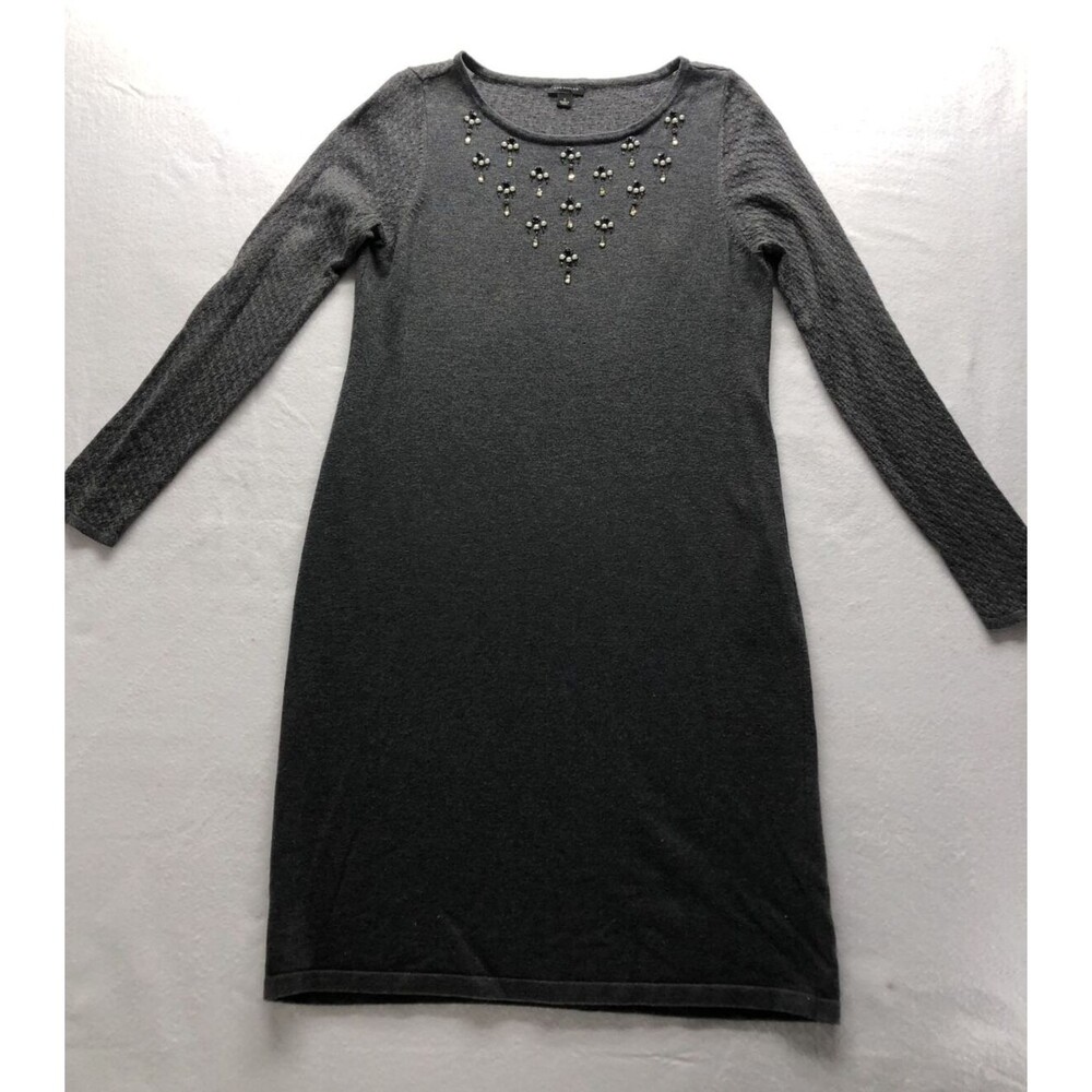 Ann Taylor Sweater Dress Large Gray Beaded Embellished Evening Office Stretch